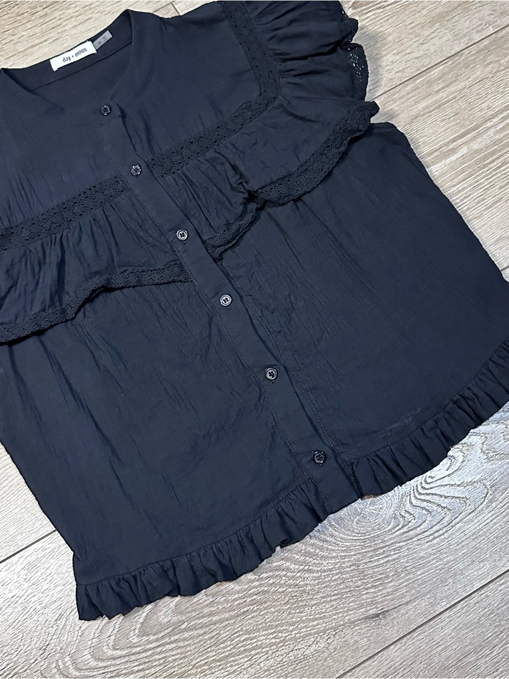 Day + Moon Button Up Flutter Sleeve Ruffle Whimsigoth Top Crochet Detailing - Picture 6 of 15